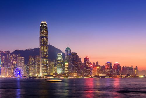 Hong Kong cityscape at twilight, Victoria harbour view.
