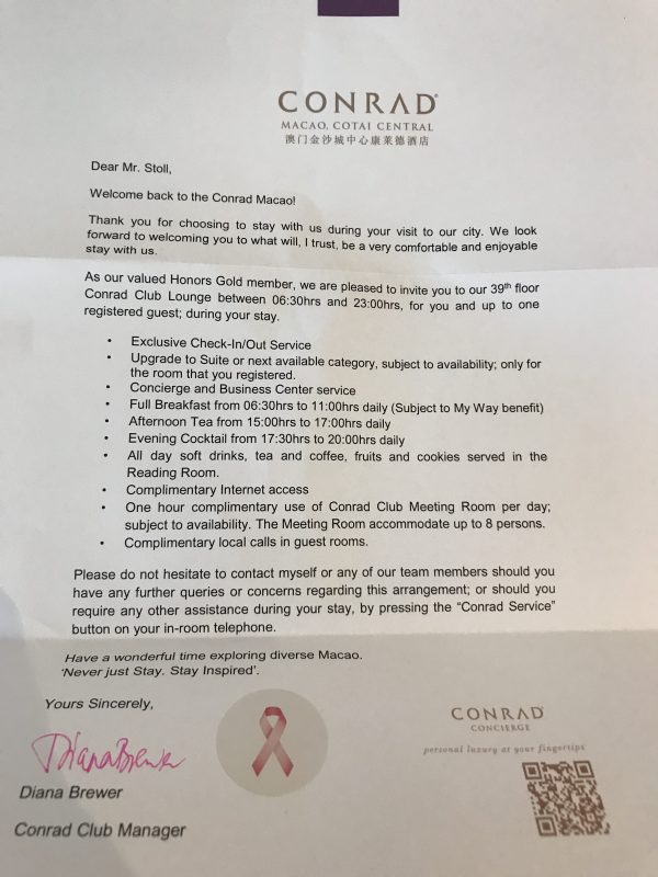 Conrad Macao welcome letter
